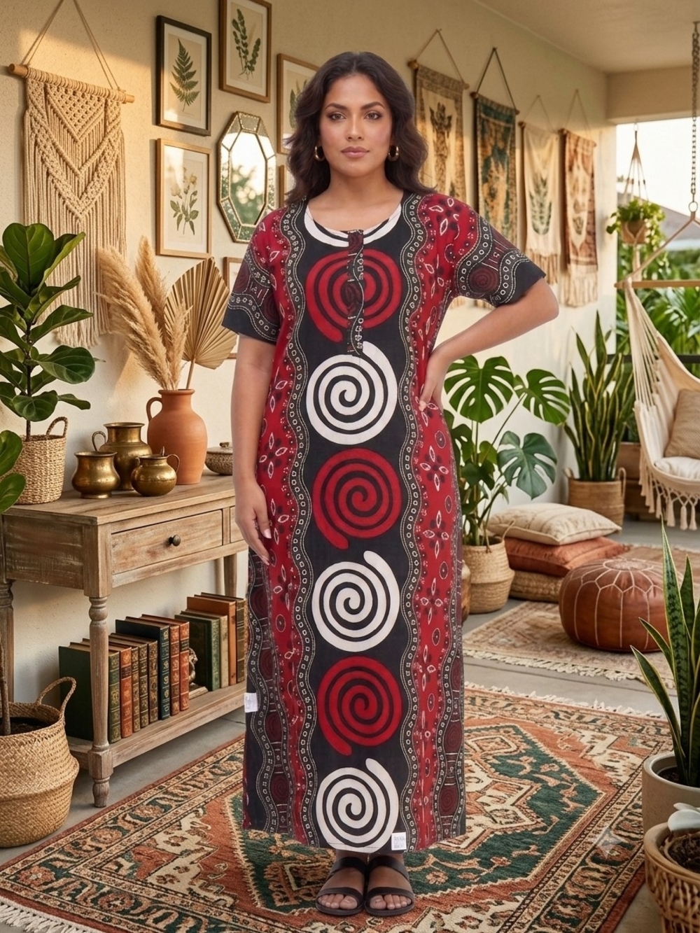Boho Red & Black Spiral-Print Short-Sleeve Maxi Dress